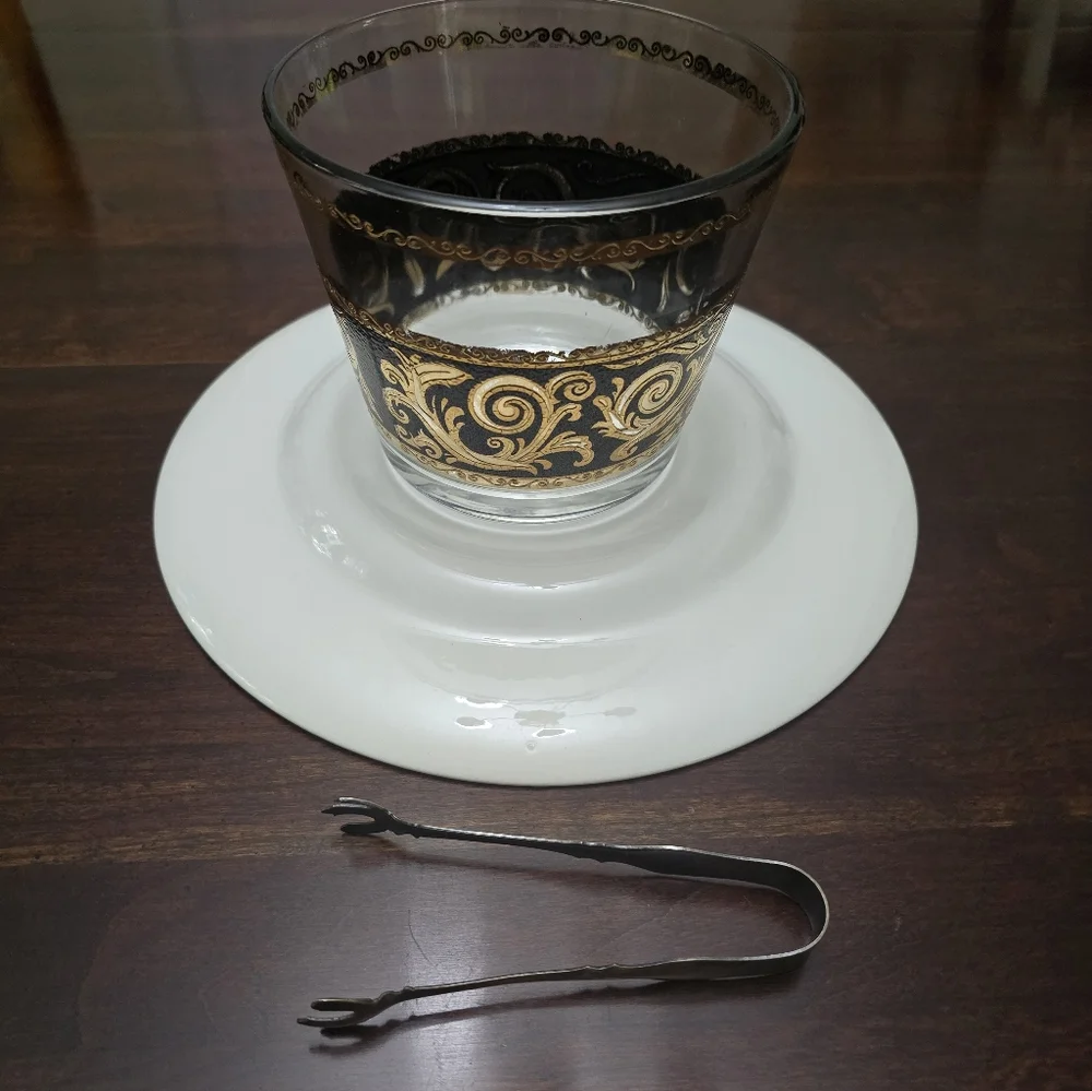 MCM Vintage Culver Ebony Gold Baroque Glass Ice Bucket W/Tongs 4 7/8